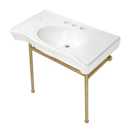 KINGSTON BRASS 36 Ceramic Console Sink with Stainless Steel Legs, WhiteBrushed Brass VPB28140W87